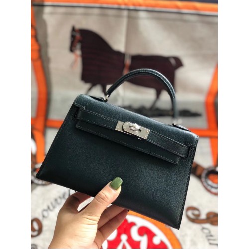 Hermes original mini Kelly chevre mysore K19CM Verde negricios și argintiu Metal