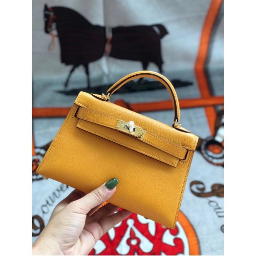 Geantă Hermes originală mini Kelly chevre mysore K19CM Mango galben și metal auriu
