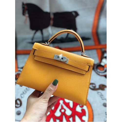 Geantă Hermes originală mini Kelly chevre mysore K19CM Mango galben și argintiu Metal