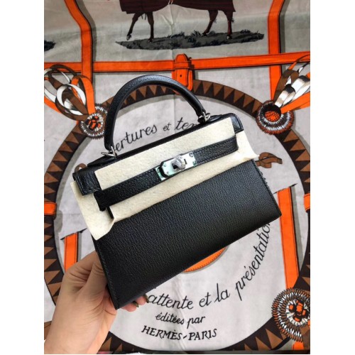 Geantă Hermes originală mini Kelly chevre mysore K19CM negru și argintiu metal
