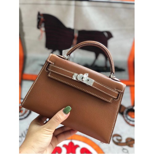 Geantă Hermes originală mini Kelly chevre mysore K19CM maro și argintiu metal