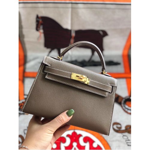 Geantă Hermes originală mini Kelly chevre mysore K19CM gri și metal auriu