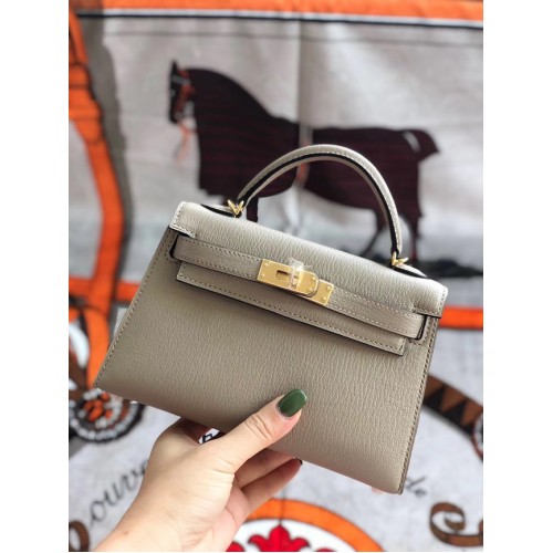 Geantă Hermes originală mini Kelly chevre mysore K19CM gri deschis și metal auriu