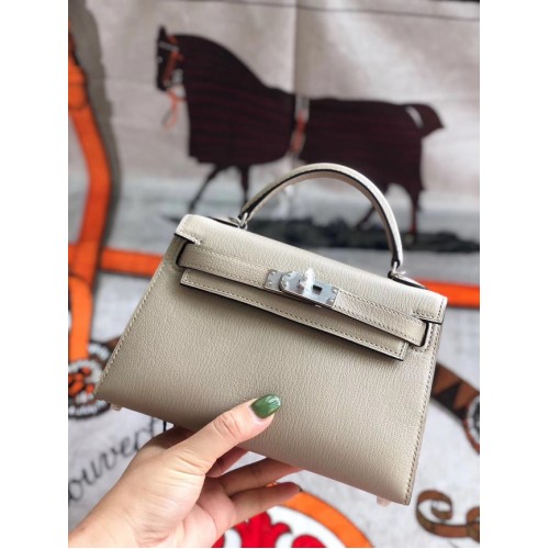 Geantă Hermes originală mini Kelly chevre mysore K19CM gri deschis și argintiu metalic