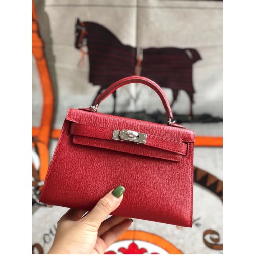 Geantă Hermes originală mini Kelly chevre mysore K19CM roșu și argintiu metal