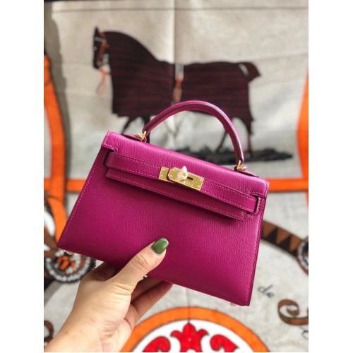 Hermes original mini Kelly chevre mysore K19CM roz și metal auriu
