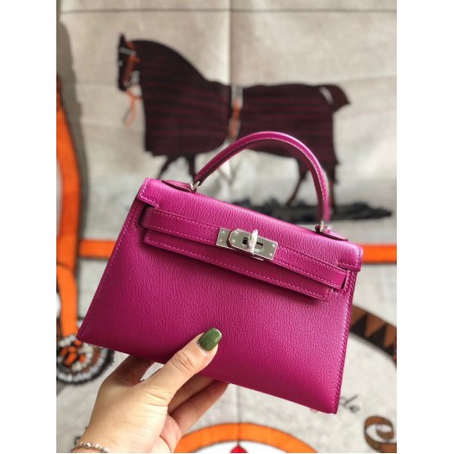 Geantă Hermes originală mini Kelly chevre mysore K19CM roz și argintiu metal