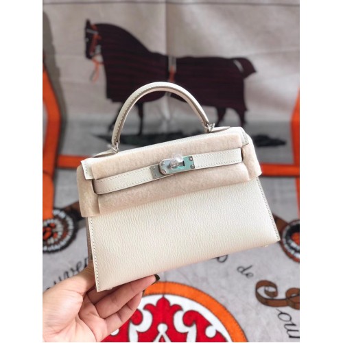 Geantă Hermes originală mini Kelly chevre mysore K19CM alb și argintiu metal