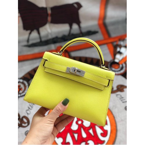 Geantă Hermes originală mini Kelly chevre mysore K19CM galbenă și argintie din metal