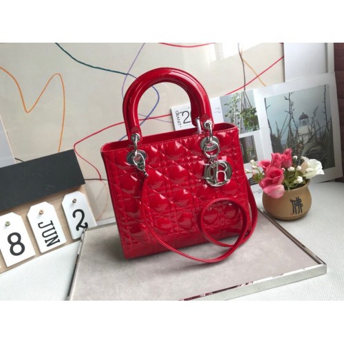 Geantă LADY DIOR MY ABCDIOR din piele lăcuită Roșie M05389 Argintie