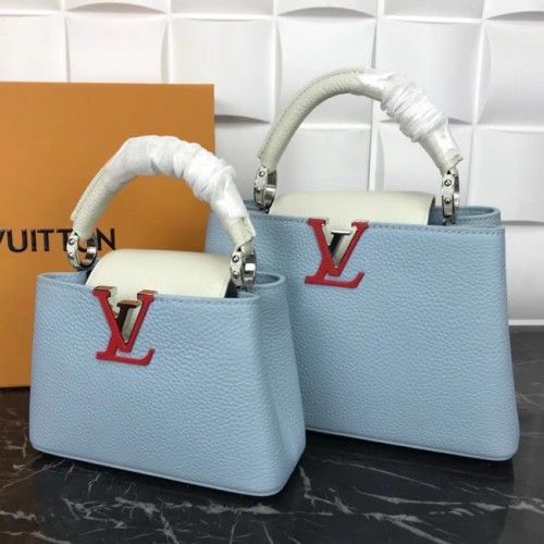 Louis Vuitton CAPUCINES PM M57519 albastru deschis și alb