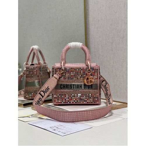 Geantă medie Lady Dior cu broderie de mărgele 0650RKW roz coral