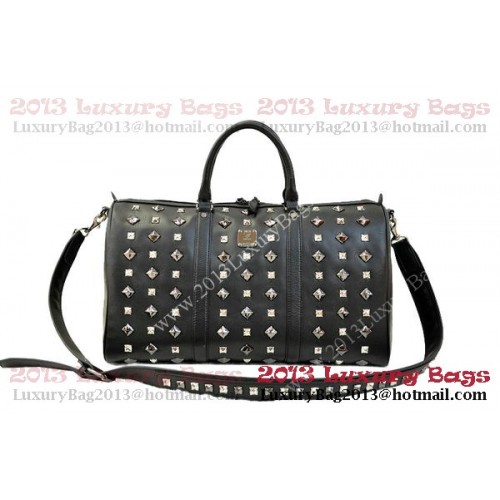 Geantă MCM Stark Weekender Boston medie din piele de vițel neagră