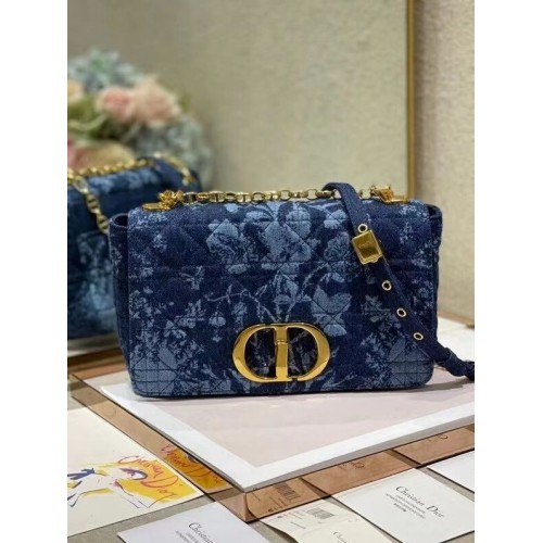 Geantă medie Dior Caro, model albastru Dior Flowers Cannage Denim M9243UJ