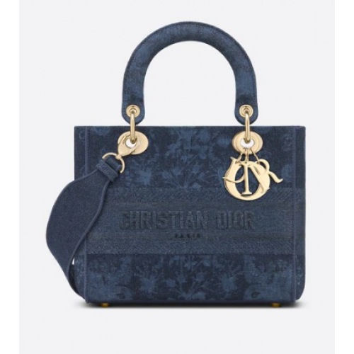 Geantă medie LADY D-LITE, denim albastru Dior cu broderie florală M0565OJA