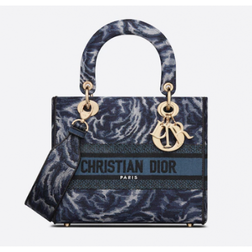 Geantă medie LADY D-LITE Dior albastră cu broderie cu trandafiri M0565ORVG