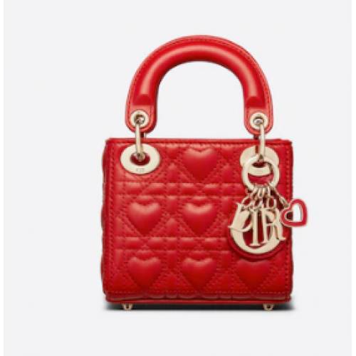 MICRO DIORAMOUR LADY DIOR GEANTĂ Piele de miel Cannage roșu aprins cu motiv inimioară S0856ON