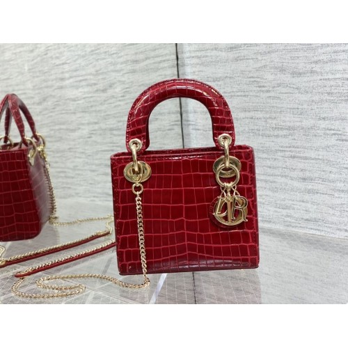 GEANTĂ MINI LADY DIOR Piele de vițel Cannage crocodil C0966 roșie