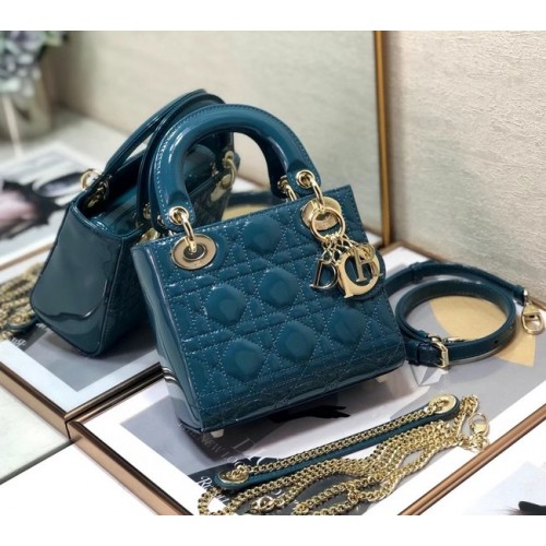 GEANTĂ MINI LADY DIOR Piele de vițel Cannage patentată M0505O Albastră