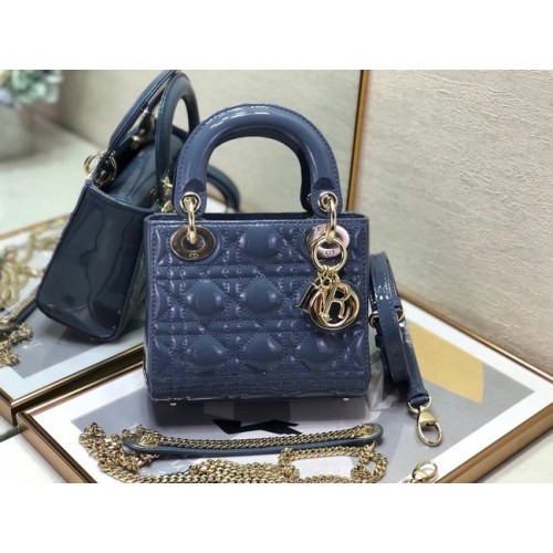 GEANTĂ MINI LADY DIOR Piele de vițel Cannage lăcuită M0505O Albastru regal
