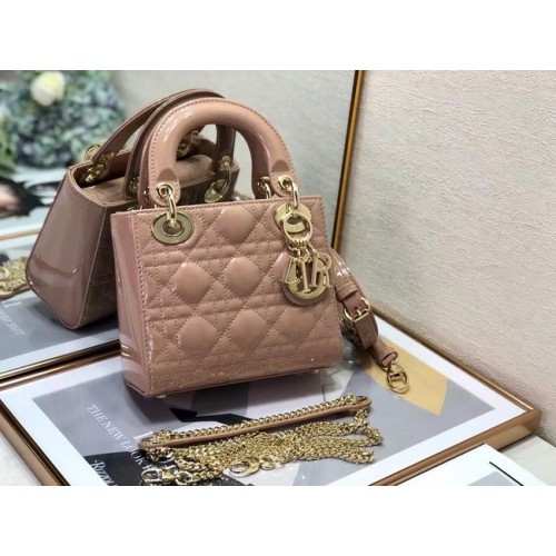 GEANTĂ MINI LADY DIOR Piele de vițel Cannage lăcuită M0505O roz deschis