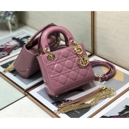 GEANTĂ MINI LADY DIOR Piele de vițel Cannage lăcuită M0505O roz