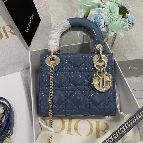 Geantă mini Dior Lady, piele de vițel Cannage patentată M0566OW Albastră și aurie