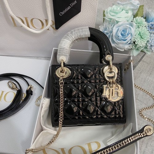 GEANTĂ MINI LADY DIOR Piele de vițel Cannage lăcuită M0566OW negru și auriu