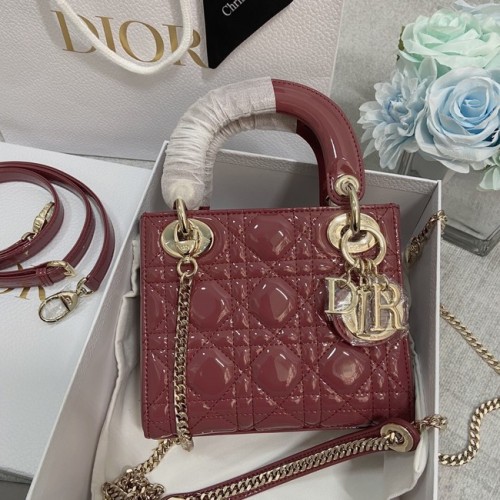 Geantă mini Dior Lady, piele de vițel Cannage lăcuită M0566OW roz și auriu