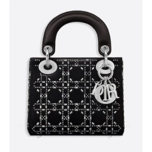 GEANTĂ MINI LADY DIOR Strass Cannage Satin M0500P neagră