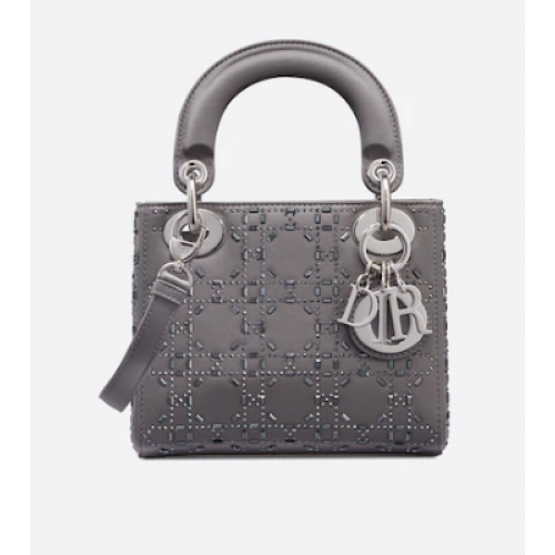 GEANTĂ MINI LADY DIOR Strass Cannage Satin M0500P gri