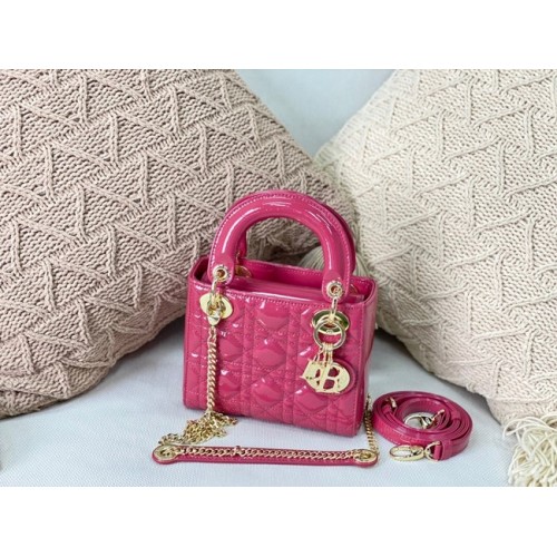 Geantă mini Dior, piele de vițel Cannage lăcuită roz M0566OW, accesorii aurii