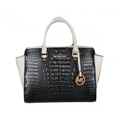 Geantă Michael Kors Selma din piele croco MK0909 alb-negru