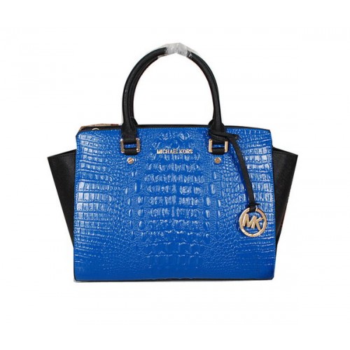 Geantă Michael Kors Selma din piele croco MK0909 albastră și neagră