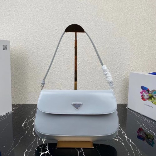 Geantă de umăr Prada Cleo din piele periată cu clapă 1BH276 albastru deschis