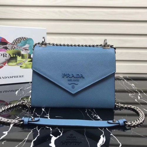 Geantă Prada Monochrome Saffiano din piele 1BD127 albastru deschis
