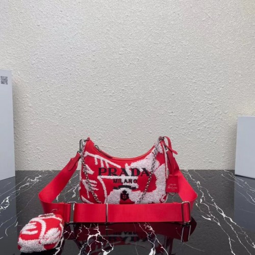 Geantă de umăr Prada Re-Edition 2006 cu broderie 1BH204 roșie