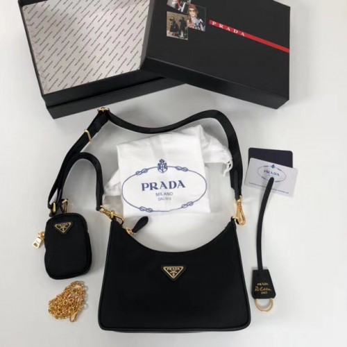 Geantă de umăr Prada Re-Edition din nailon 1BH204 neagră