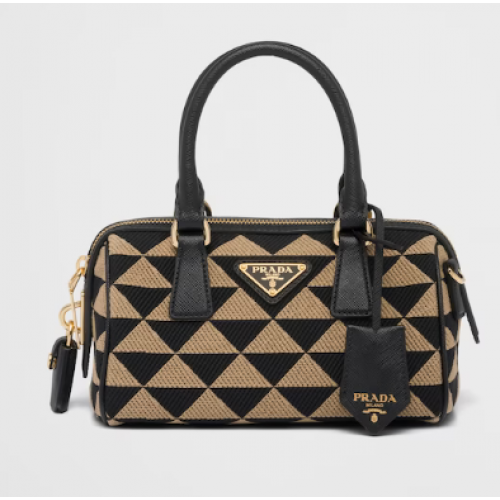 Geantă Prada Symbole cu mâner superior din material jacquard brodat 1BB846 neagră