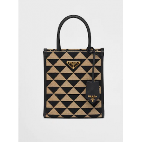 Geantă micro Prada Symbole din material jacquard 1BA355 Negru și bej
