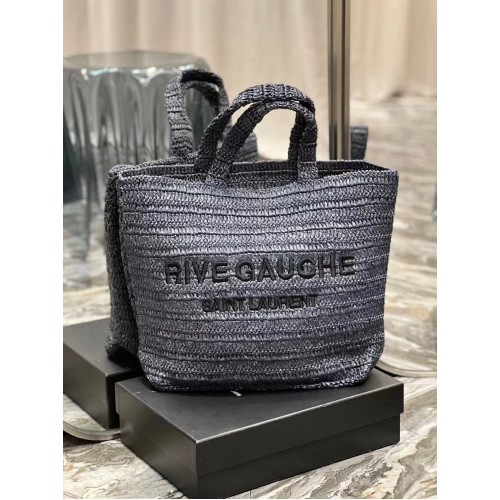 SAINT LAURENT GEANTĂ TOTE SUPPLĂ RIVE GAUCHE DIN RAFIE CROȘETATĂ 688864 neagră