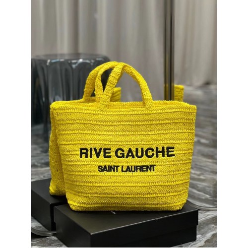 SAINT LAURENT RIVE GAUCHE GEANTĂ TOTE SUPPLĂ DIN RAFIE CROȘETATĂ 688864 galben