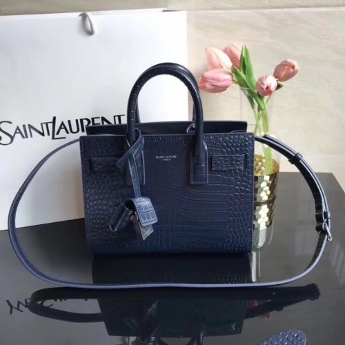 SAINT LAURENT Geantă Organ din piele cu relief crocodil 392035 Albastru închis