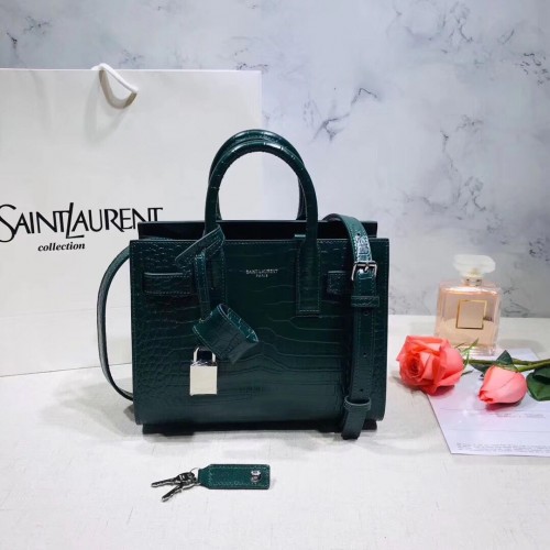 SAINT LAURENT Geantă Organ din piele cu relief crocodil 392035 Verde închis