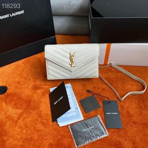 PORTOFEL SAINT LAURENT CU LANȚ ȘI PLIC DIN PIELE CU STRAT GRAIN DE POUDRE 393953 alb