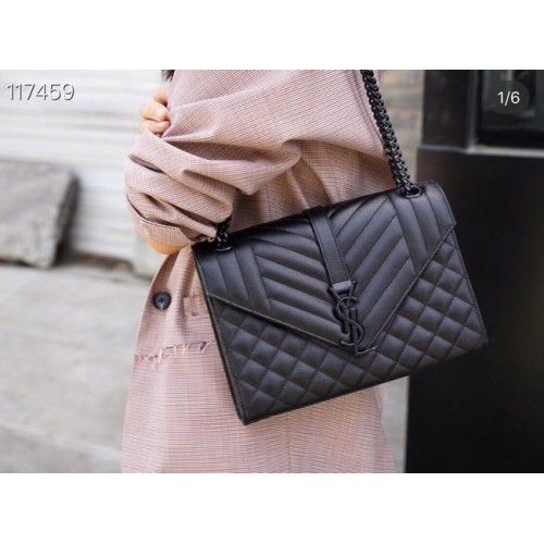 SAINT LAURENT GEANTĂ MEDIE ENVELOPE DIN PIELE CU GRAIN DE POUDRE ȘI GOLF 600185 NEGRU ȘI NEGRU