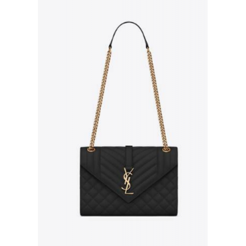 SAINT LAURENT GEANTĂ MEDIE ENVELOPE DIN PIELE CU GRAIN DE POUDRE ȘI GOLF 600185 NEGRU ȘI AURIU