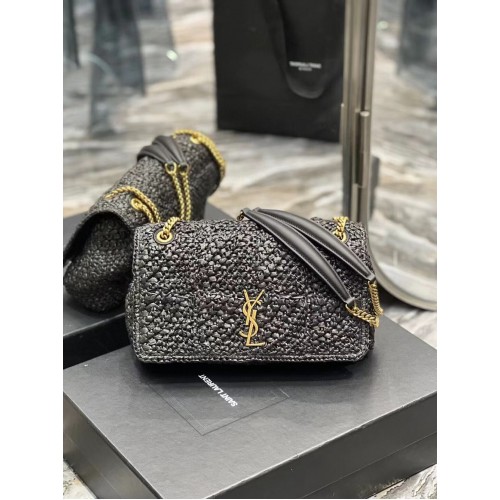 SAINT LAURENT GEANTĂ JAMIE MEDIE CU LANȚ CARRE RIVE GAUCHE DIN RAFIE CROȘETATĂ ȘI PIELE NETEDĂ 515821 NEGRU
