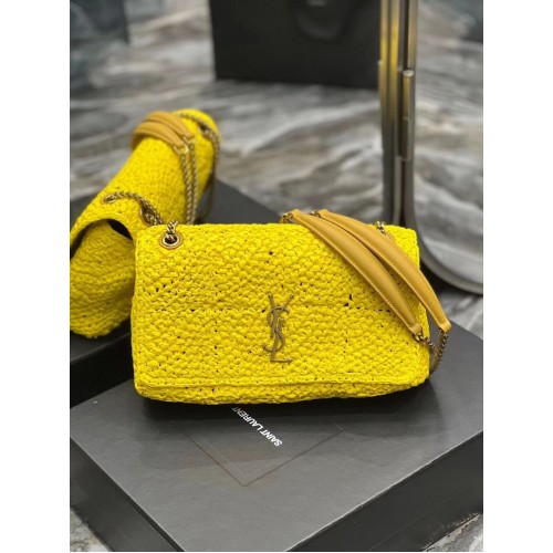 SAINT LAURENT GEANTĂ JAMIE MEDIE CU LANȚ CARRE RIVE GAUCHE DIN RAFIE CROȘETATĂ ȘI PIELE NETEDĂ 515821 GALBEN