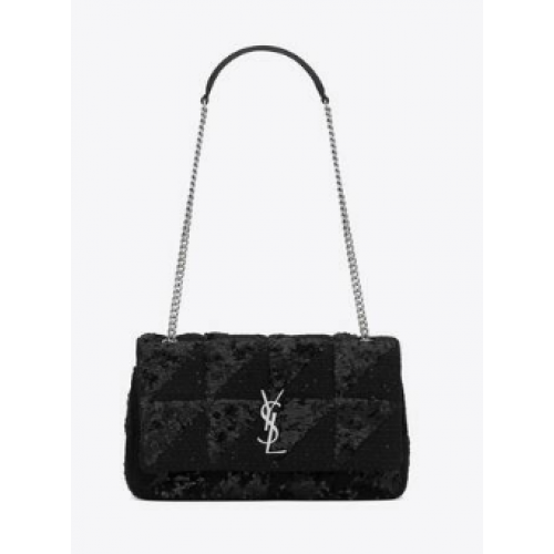 SAINT LAURENT GEANTĂ JAMIE MEDIE CU LANȚ CARRE RIVE GAUCHE DIN PAIETE ȘI TWEED CU PAIETE 515821 NEGRU